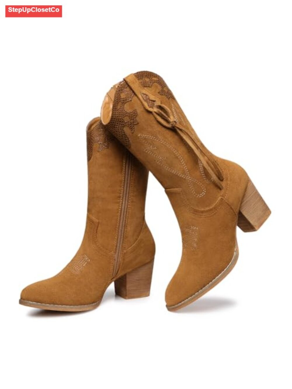 Suede Cowgirl Boots Mid Calf Chunky Heel Western Dancing Boots